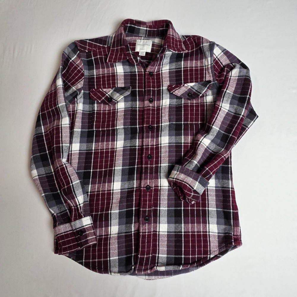 American Eagle Flannel Shirt Mens XS Burgundy Plaid Classic Fit Cotton Button Up - Picture 1 of 5
